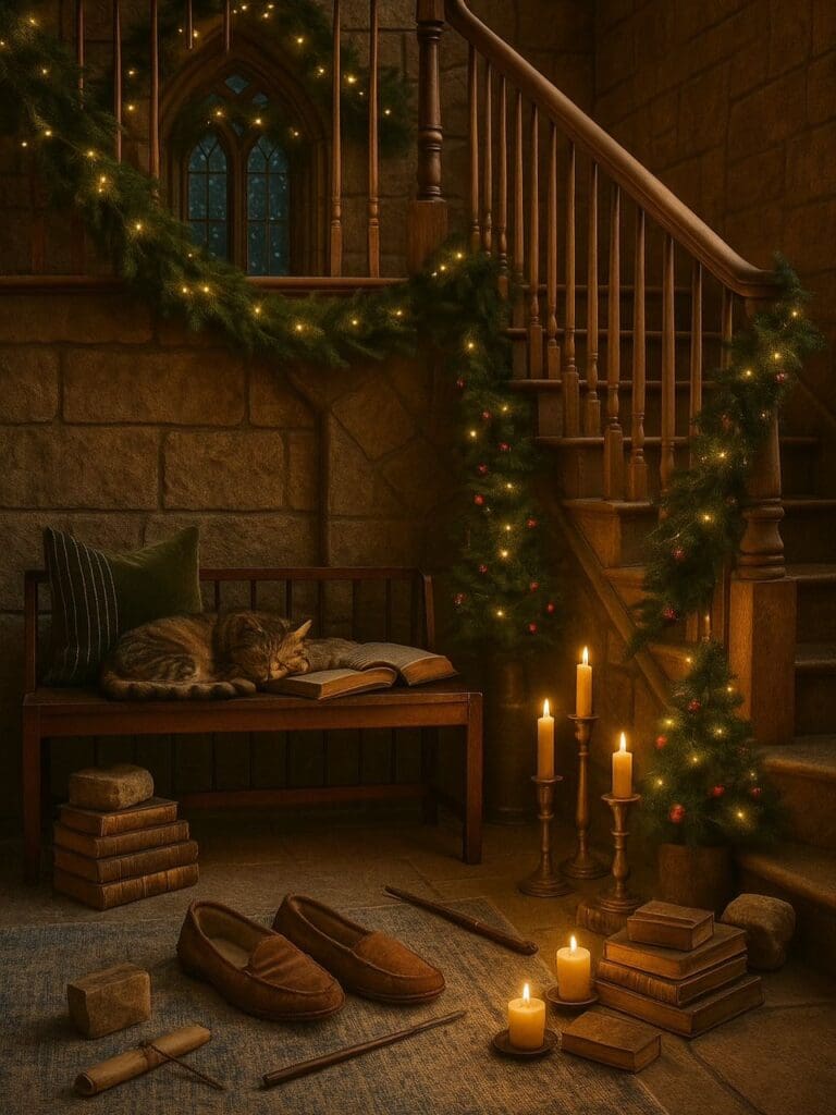 AI version: stone staircase with garland, candles, and a sleeping cat on the bench.