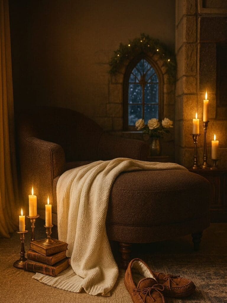 AI version: moody castle alcove with candles and gothic window.
