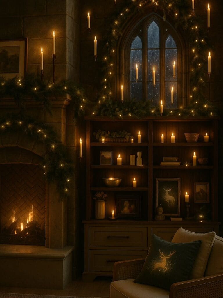AI version: gothic-lit living room with floating candles and glowing greenery.
