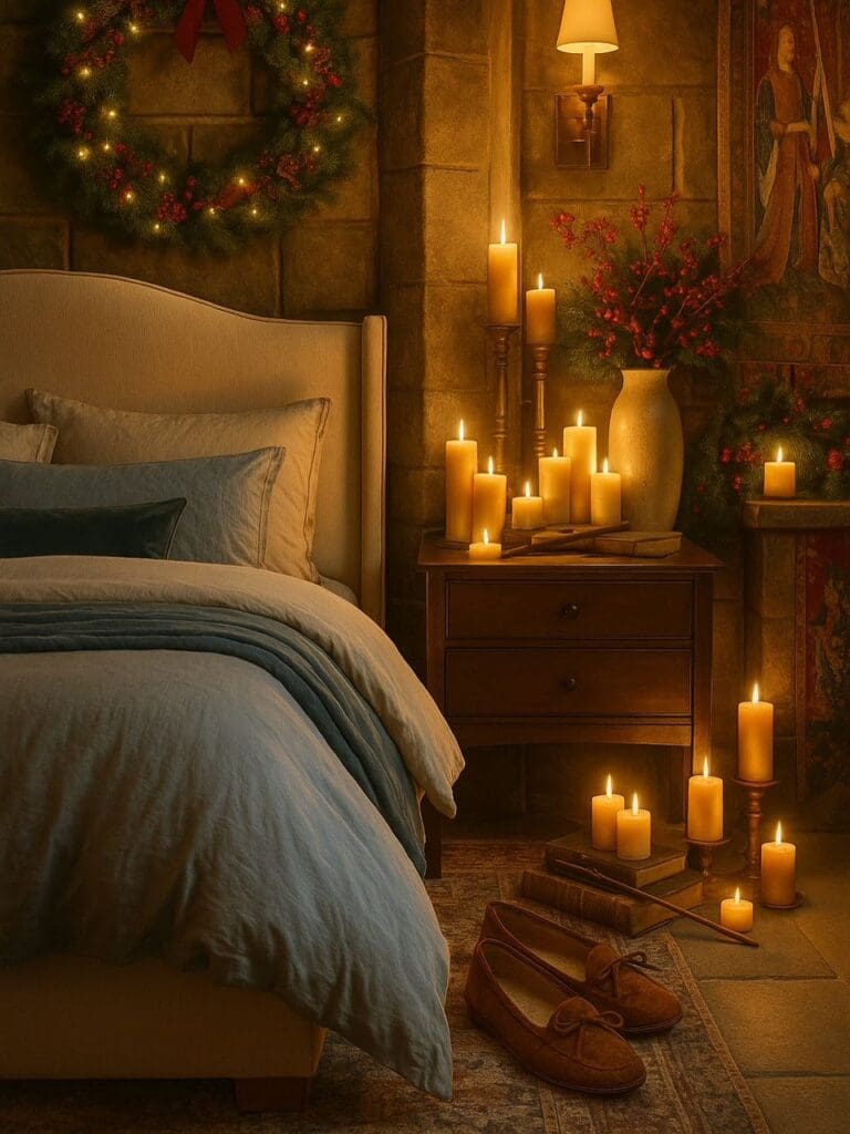 AI version: castle-style bedroom with stone walls, wreath, candles, and stacked books.