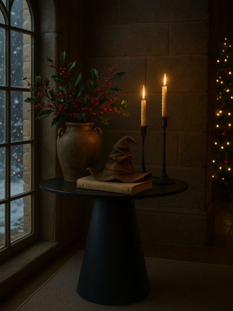 AI version: medieval stone alcove with holly branches and candlelight.