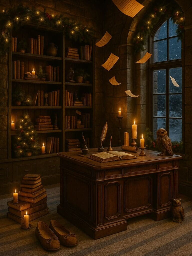AI version: stone-walled castle library with floating parchment, candles, and glowing garland.