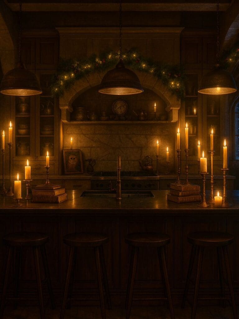 AI version: stone-walled medieval-inspired kitchen with stacked candles and moody garlands.