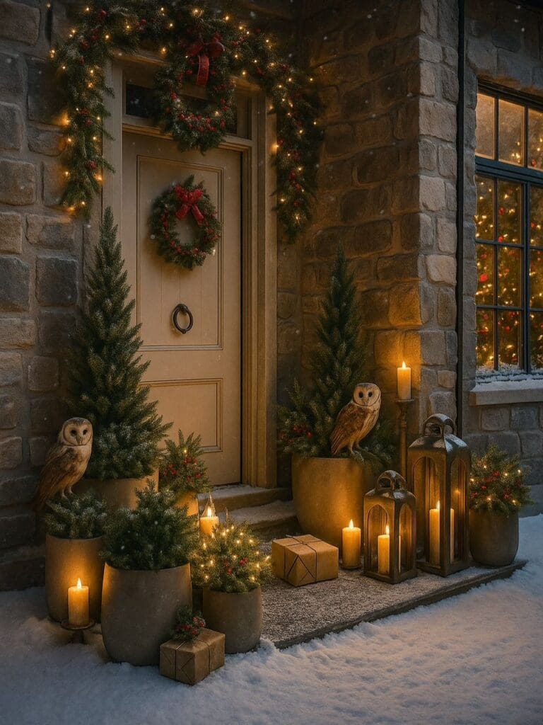 AI image: snowy gothic Christmas entry with owls, candles, garlands, and wrapped gifts.