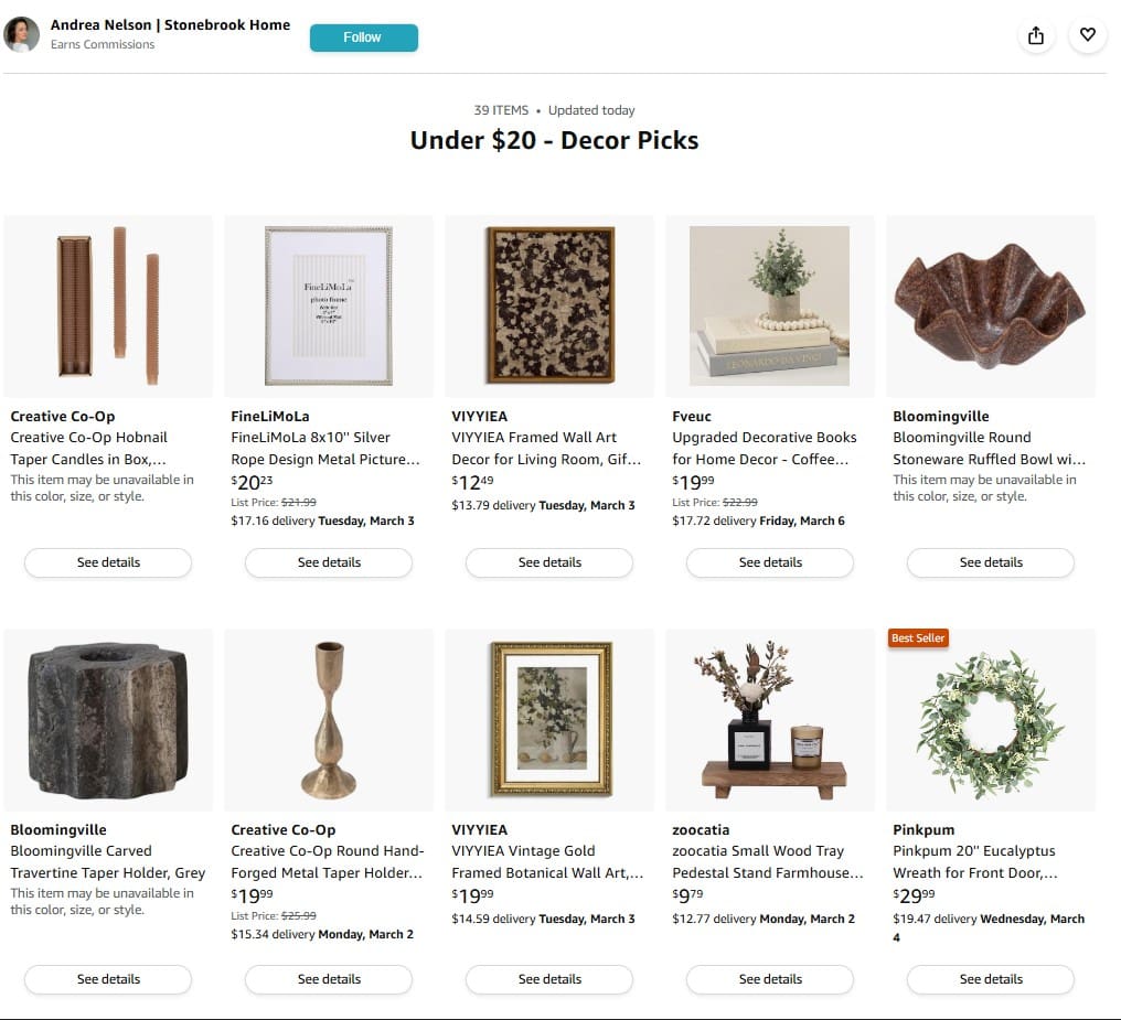 Screenshot of Andrea Nelson’s Amazon storefront featuring curated designer-look decor pieces under $20.