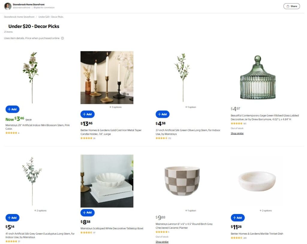 Screenshot of Walmart home decor storefront with affordable designer-inspired decor curated by Stonebrook Home.
